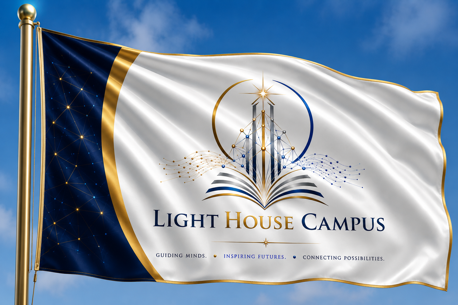 Lighthouse Campus — institutional flag carrying the emblem and promise: Guiding minds. Inspiring futures. Connecting possibilities.